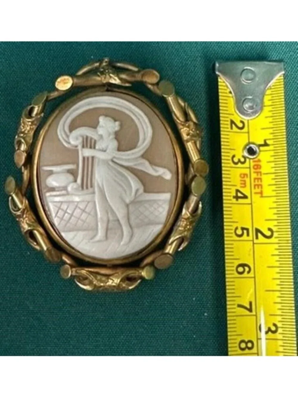 Victorian Era Sardonyx Shell Cameo Brooch With Erato The Muse Gold Frame Locket